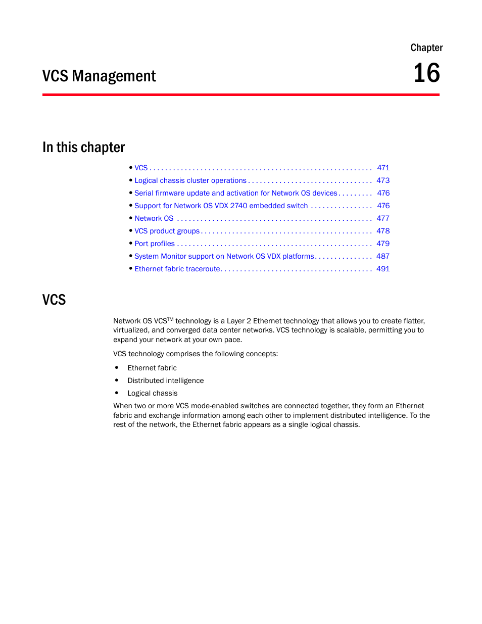 Vcs management, In this chapter, Chapter 16 | Chapter 16, “vcs management | Brocade Network Advisor IP User Manual v12.1.0 User Manual | Page 525 / 1770