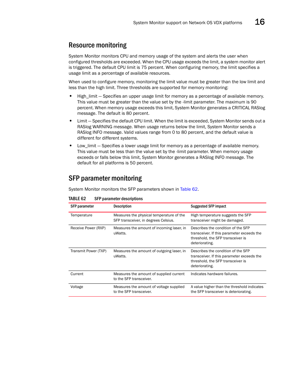 Resource monitoring, Sfp parameter monitoring | Brocade Network Advisor IP User Manual v12.1.0 User Manual | Page 543 / 1770