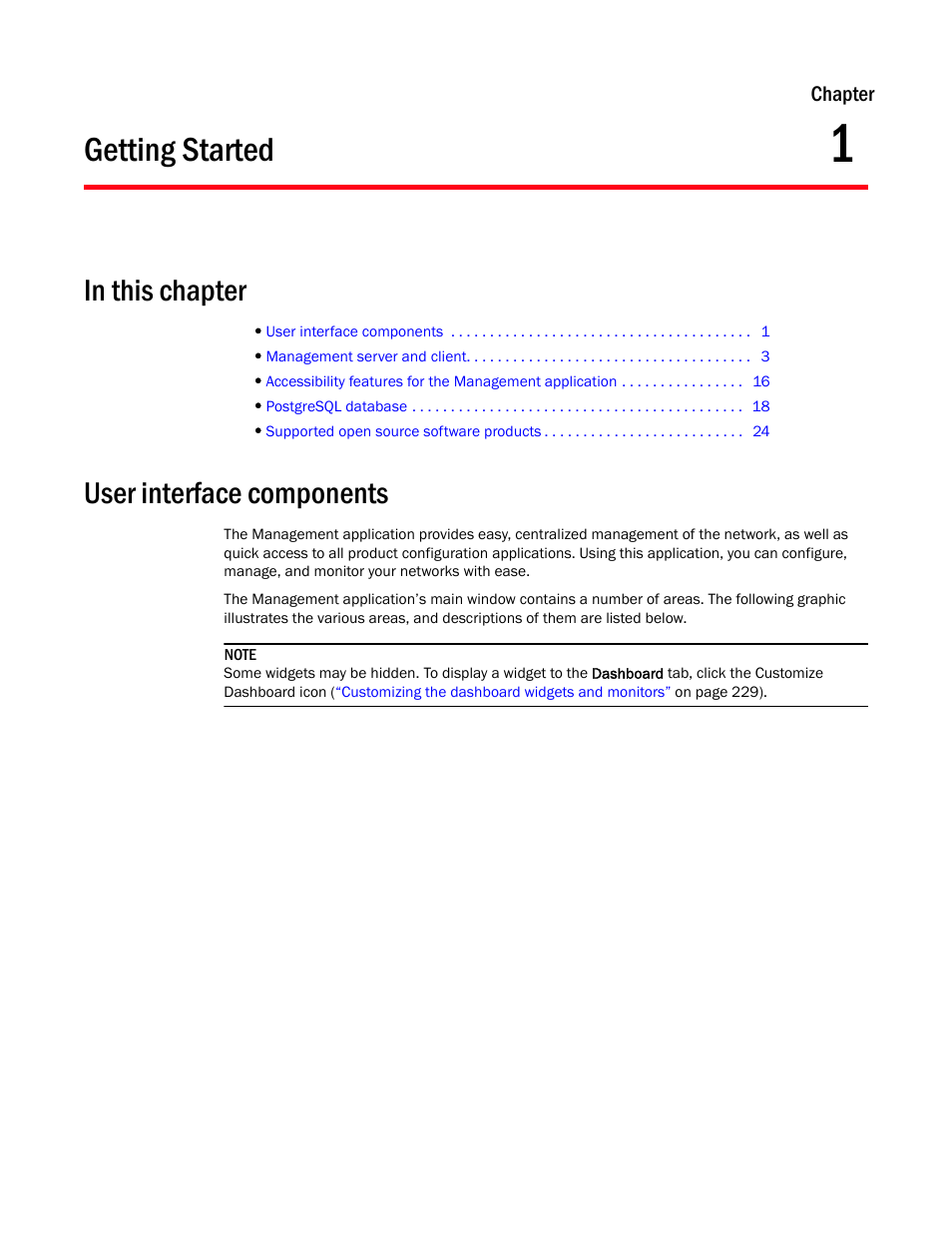 Getting started, User interface components, Chapter 1 | Chapter 1, “getting started | Brocade Network Advisor IP User Manual v12.1.0 User Manual | Page 55 / 1770