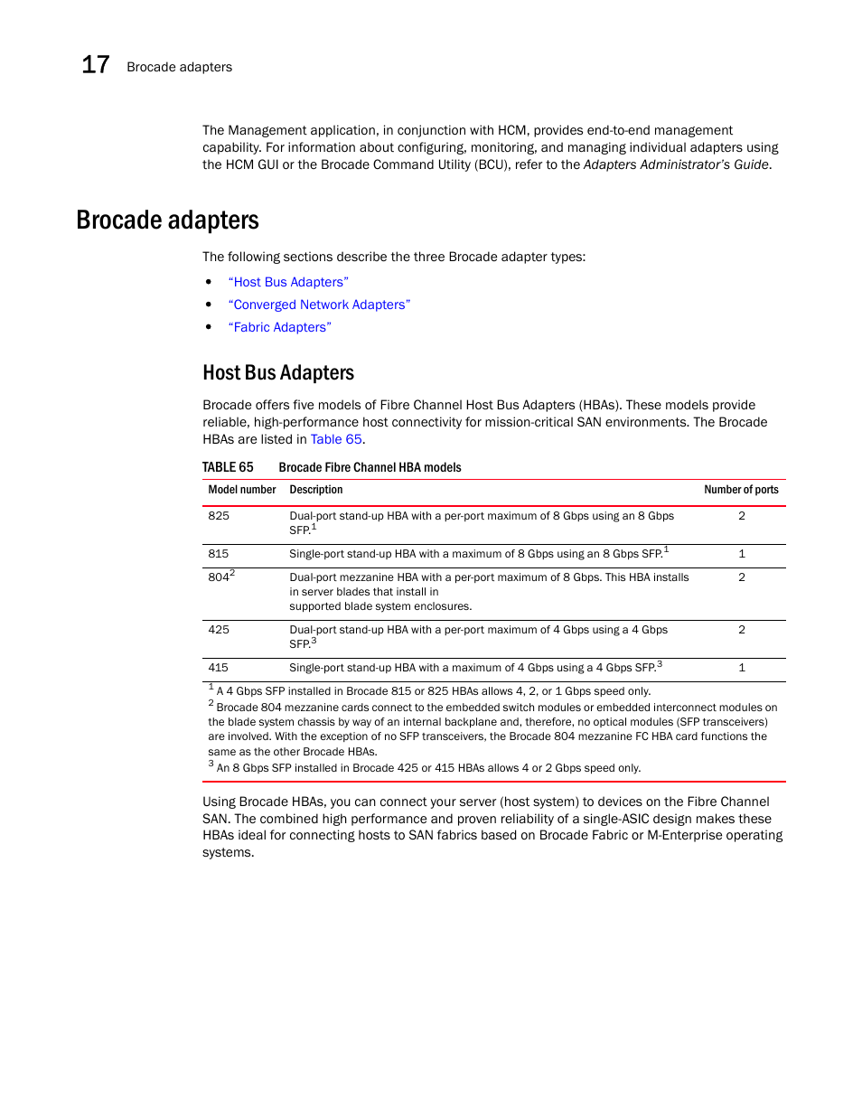 Brocade adapters, Host bus adapters | Brocade Network Advisor IP User Manual v12.1.0 User Manual | Page 550 / 1770
