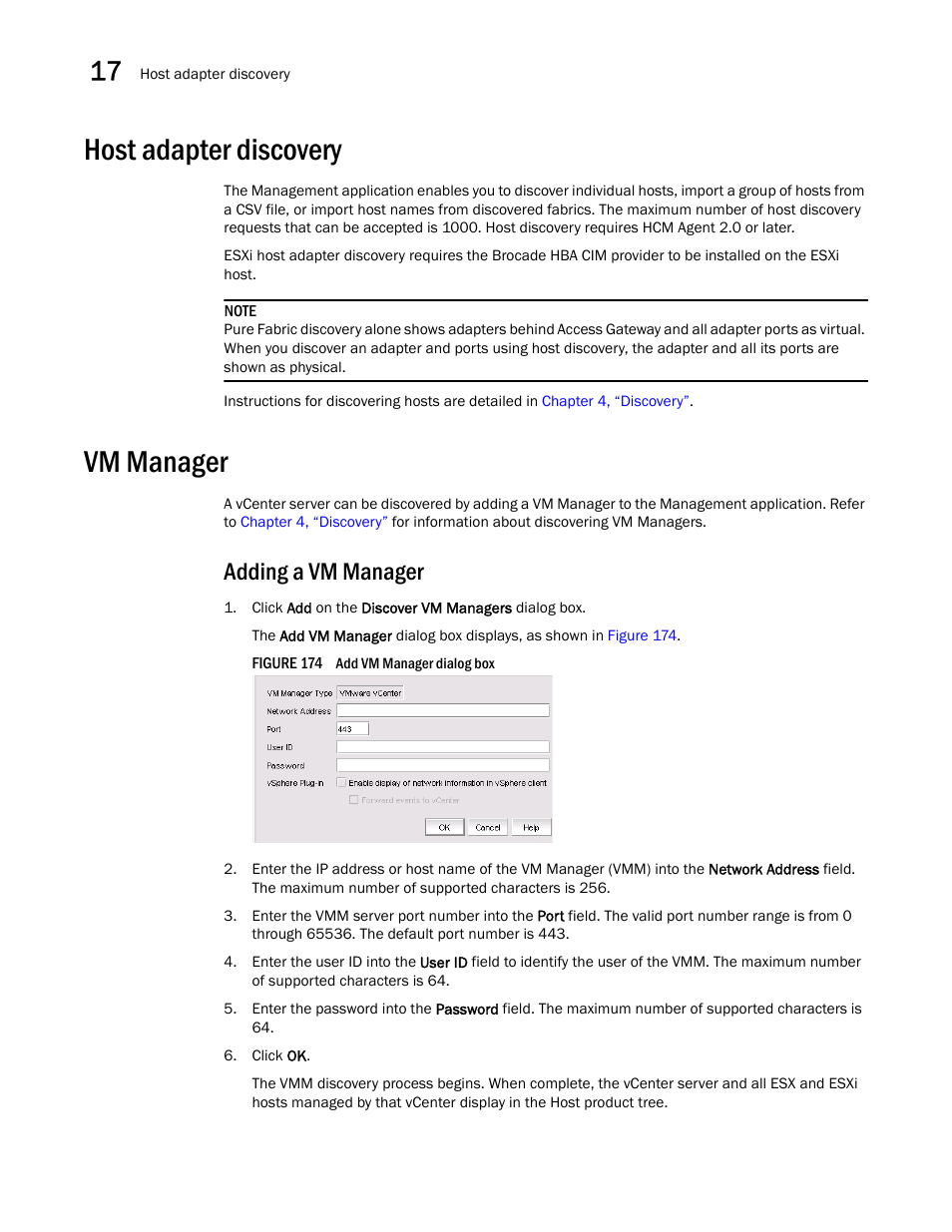 Host adapter discovery, Vm manager, Adding a vm manager | Brocade Network Advisor IP User Manual v12.1.0 User Manual | Page 554 / 1770