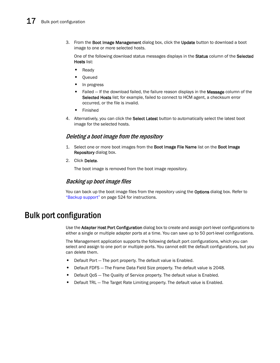 Bulk port configuration, Deleting a boot image from the repository, Backing up boot image files | Brocade Network Advisor IP User Manual v12.1.0 User Manual | Page 562 / 1770