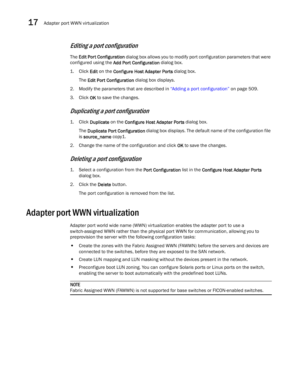 Adapter port wwn virtualization, Editing a port configuration, Duplicating a port configuration | Deleting a port configuration | Brocade Network Advisor IP User Manual v12.1.0 User Manual | Page 566 / 1770