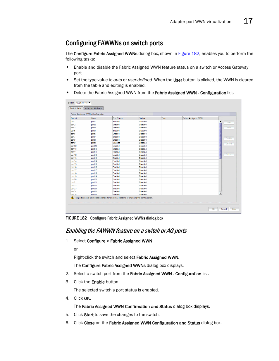 Configuring fawwns on switch ports, Enabling the fawwn feature on a switch or ag ports | Brocade Network Advisor IP User Manual v12.1.0 User Manual | Page 567 / 1770
