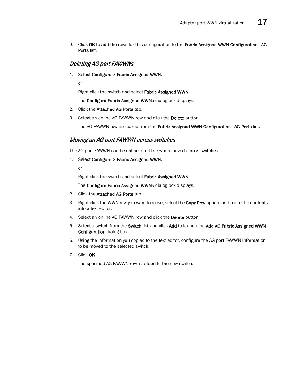 Deleting ag port fawwns, Moving an ag port fawwn across switches | Brocade Network Advisor IP User Manual v12.1.0 User Manual | Page 571 / 1770