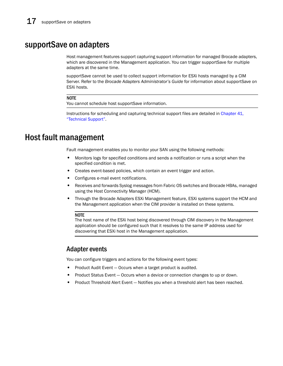 Supportsave on adapters, Host fault management, Adapter events | Brocade Network Advisor IP User Manual v12.1.0 User Manual | Page 576 / 1770