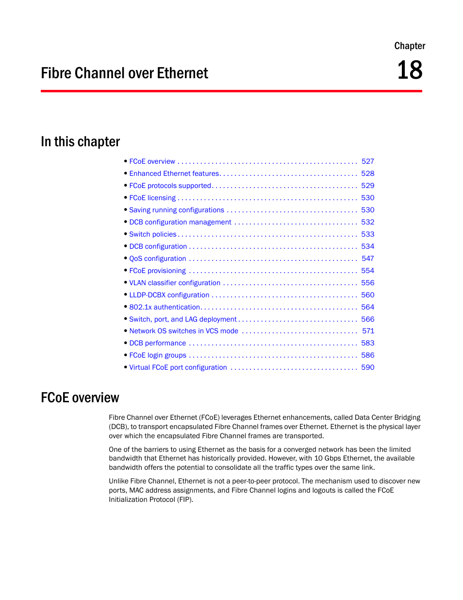 Fibre channel over ethernet, In this chapter, Fcoe overview | Chapter 18, Chapter 18, “fibre channel over ethernet | Brocade Network Advisor IP User Manual v12.1.0 User Manual | Page 581 / 1770