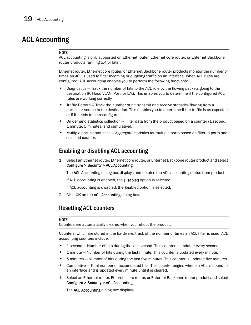 Acl accounting, Enabling or disabling acl accounting, Resetting acl counters | Brocade Network Advisor IP User Manual v12.1.0 User Manual | Page 658 / 1770