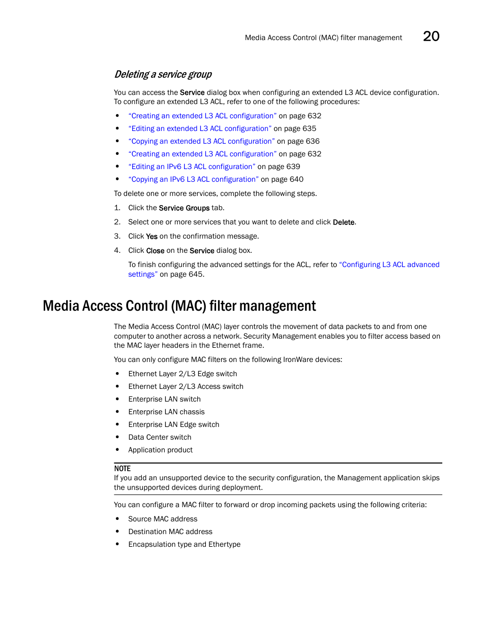 Media access control (mac) filter management, Deleting a service group | Brocade Network Advisor IP User Manual v12.1.0 User Manual | Page 721 / 1770