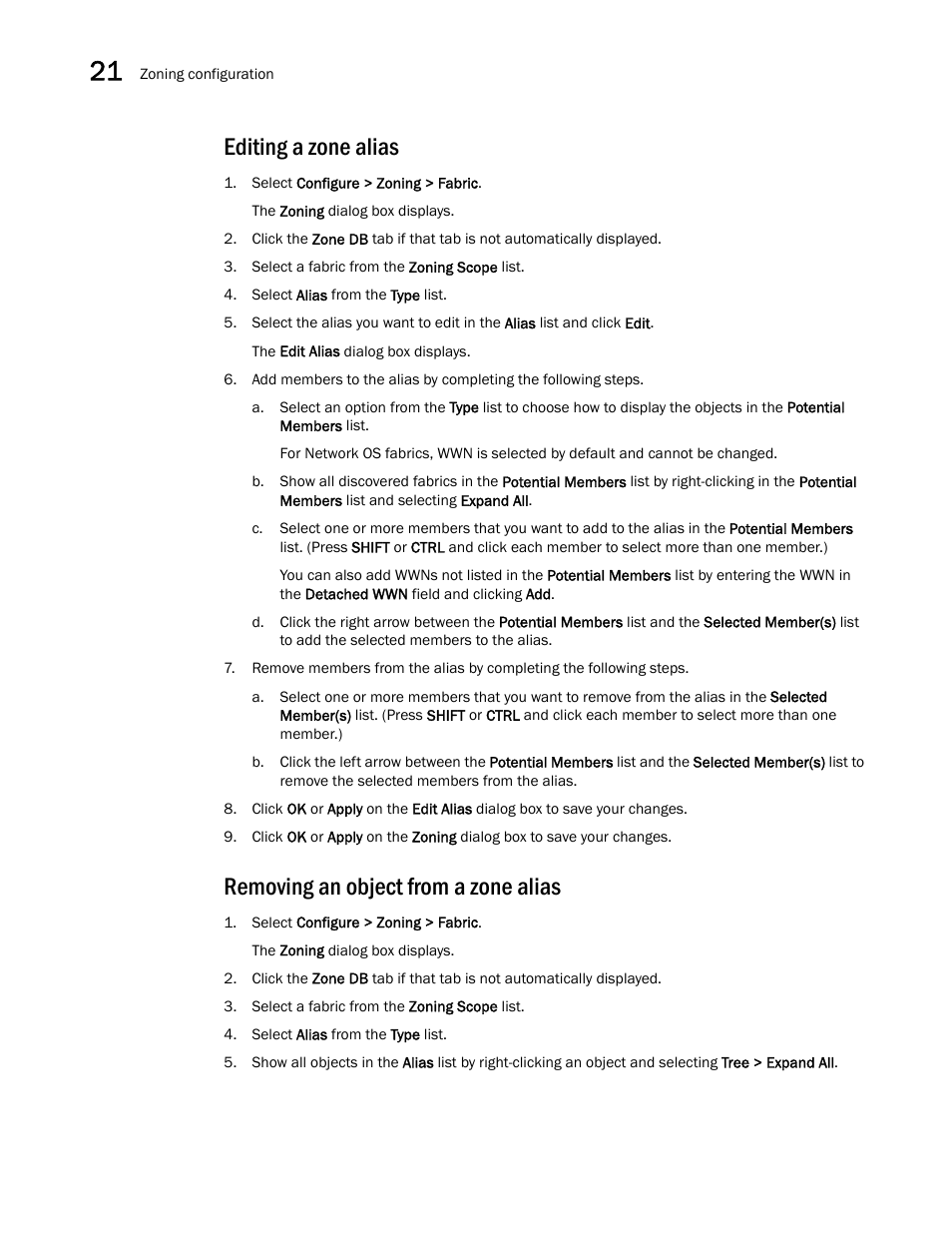 Editing a zone alias, Removing an object from a zone alias | Brocade Network Advisor IP User Manual v12.1.0 User Manual | Page 748 / 1770