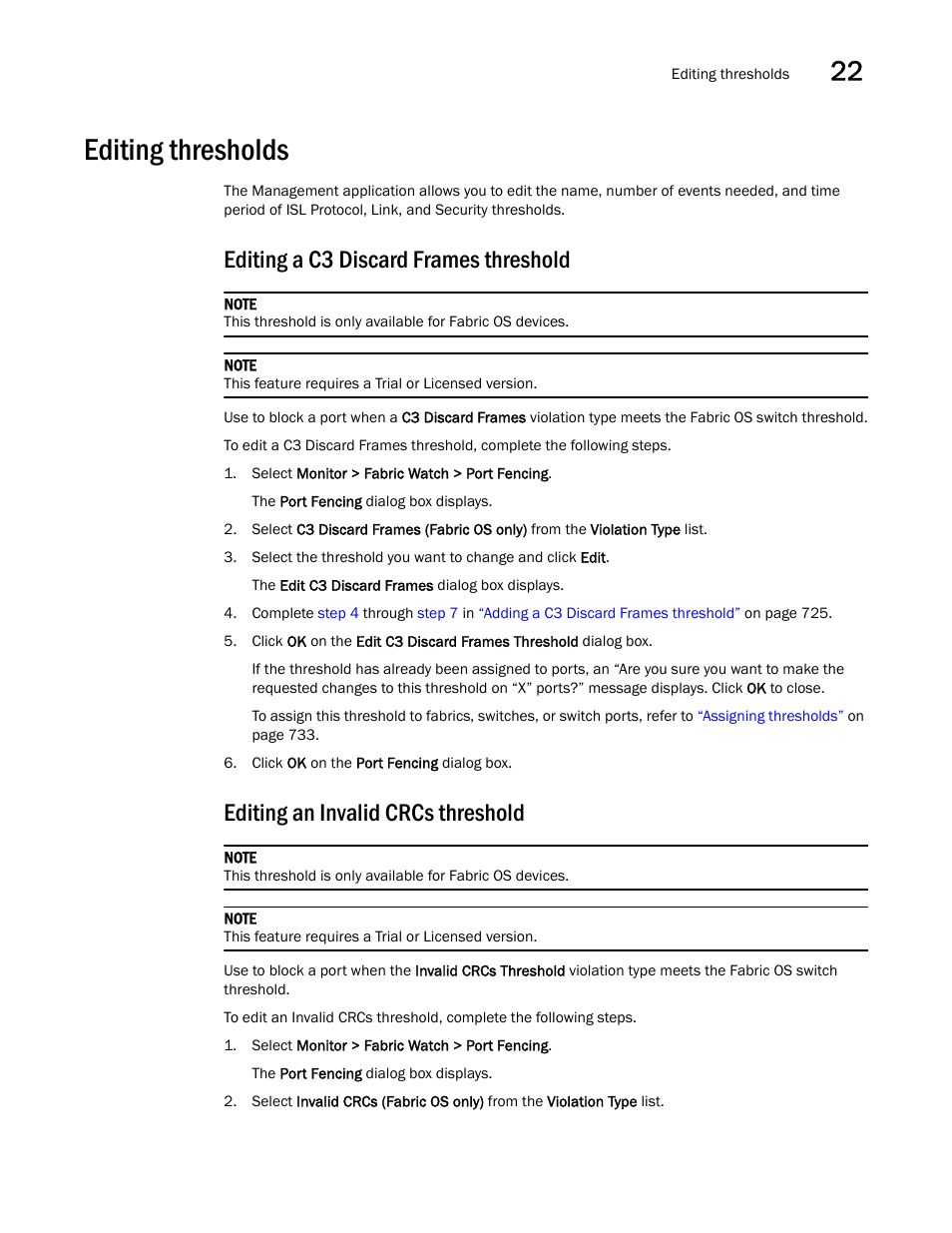 Editing thresholds, Editing a c3 discard frames threshold, Editing an invalid crcs threshold | Brocade Network Advisor IP User Manual v12.1.0 User Manual | Page 789 / 1770
