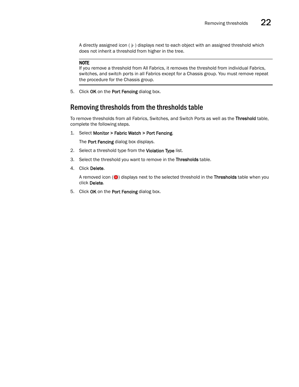 Removing thresholds from the thresholds table, Removing thresholds, From the thresholds table | Brocade Network Advisor IP User Manual v12.1.0 User Manual | Page 795 / 1770