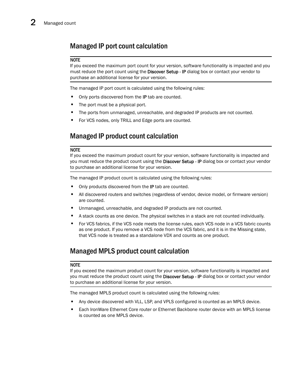 Managed ip port count calculation, Managed ip product count calculation, Managed mpls product count calculation | Brocade Network Advisor IP User Manual v12.1.0 User Manual | Page 82 / 1770