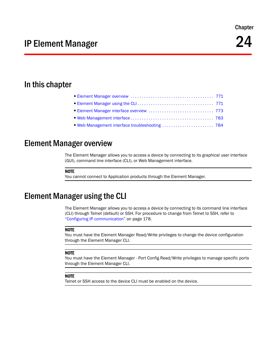 Ip element manager, In this chapter, Element manager overview | Element manager using the cli, Chapter 24, Chapter 24, “ip element manager | Brocade Network Advisor IP User Manual v12.1.0 User Manual | Page 825 / 1770