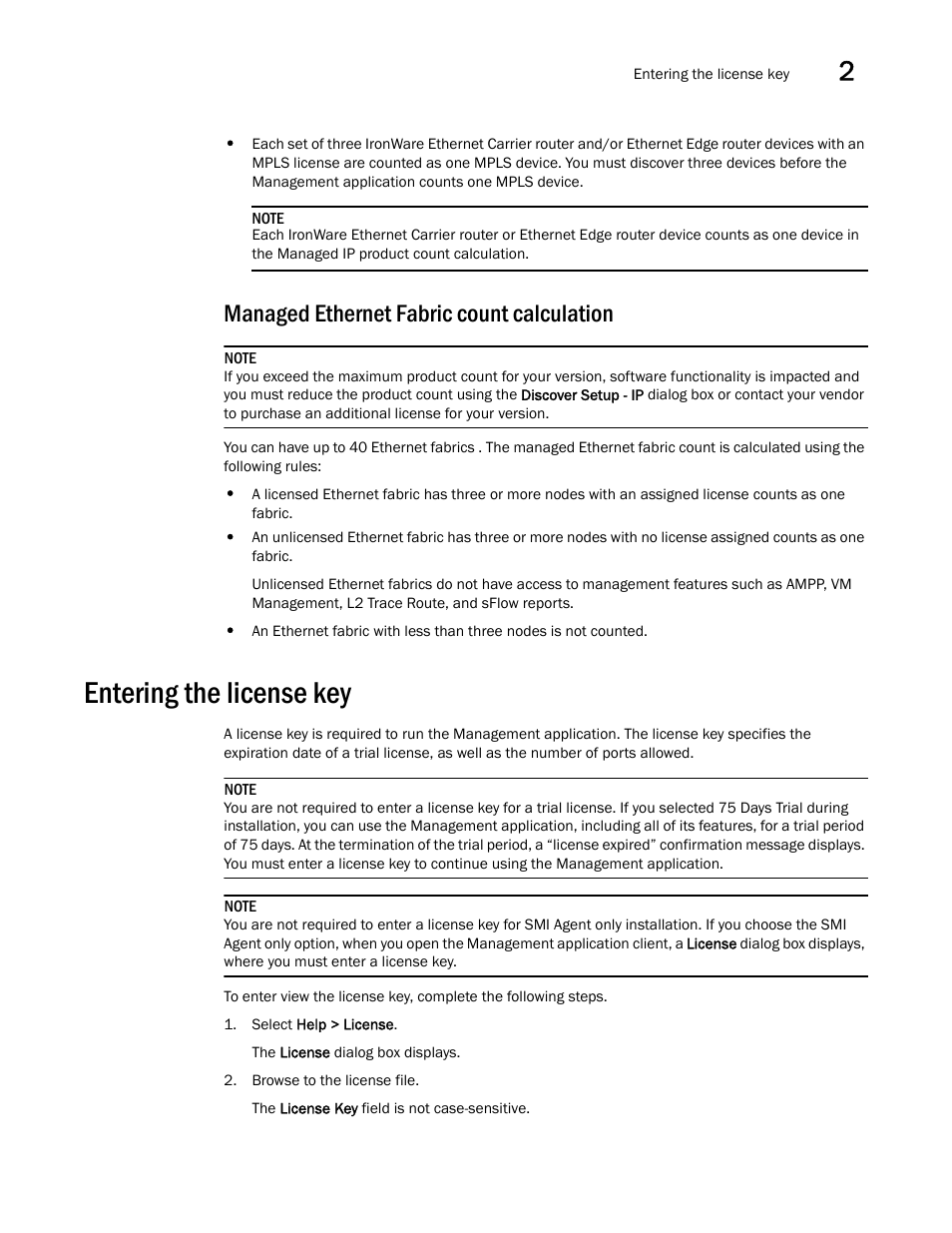 Managed ethernet fabric count calculation, Entering the license key | Brocade Network Advisor IP User Manual v12.1.0 User Manual | Page 83 / 1770
