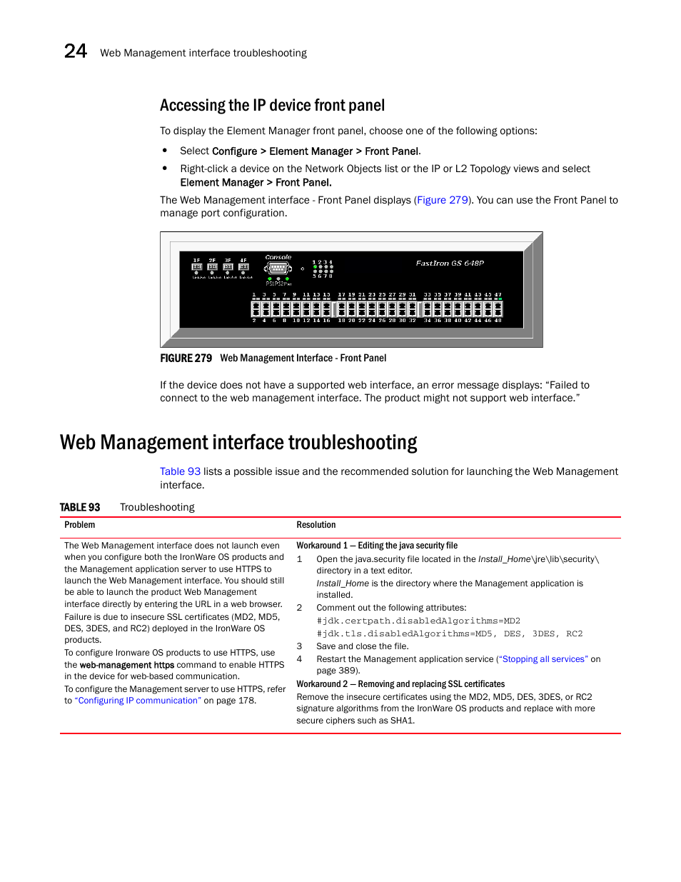 Accessing the ip device front panel, Web management interface troubleshooting | Brocade Network Advisor IP User Manual v12.1.0 User Manual | Page 838 / 1770