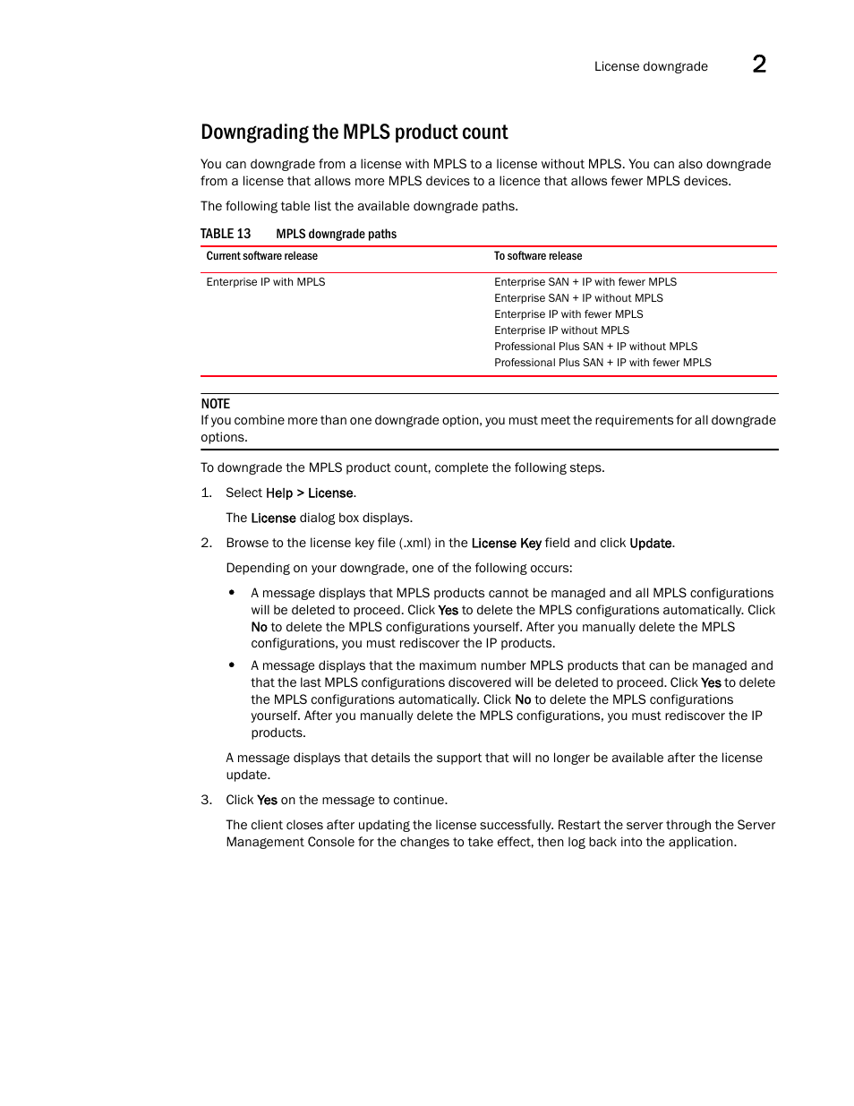 Downgrading the mpls product count | Brocade Network Advisor IP User Manual v12.1.0 User Manual | Page 87 / 1770