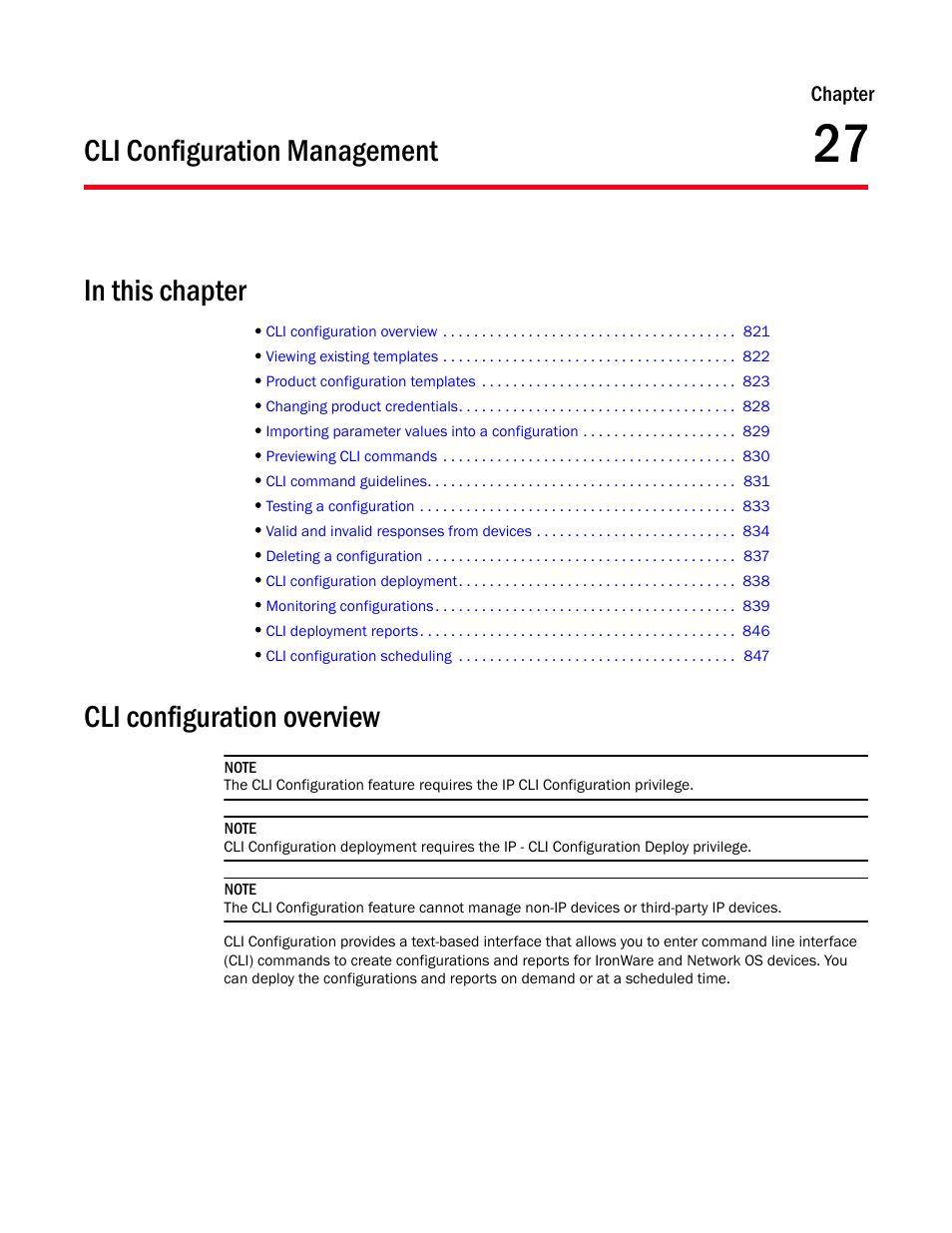 Cli configuration management, In this chapter, Cli configuration overview | Chapter 27, Chapter 27, “cli configuration management, Chapter 27, “cli, Configuration management | Brocade Network Advisor IP User Manual v12.1.0 User Manual | Page 875 / 1770