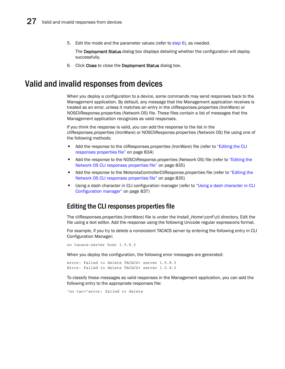 Valid and invalid responses from devices, Editing the cli responses properties file, Step 5 | Brocade Network Advisor IP User Manual v12.1.0 User Manual | Page 888 / 1770