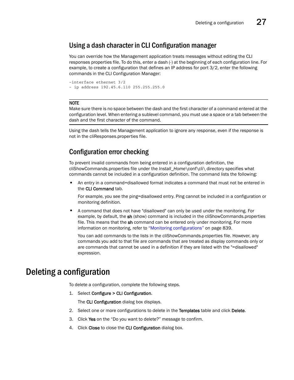 Configuration error checking, Deleting a configuration, Using a dash character in cli | Configuration manager | Brocade Network Advisor IP User Manual v12.1.0 User Manual | Page 891 / 1770