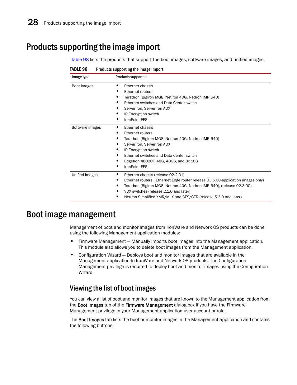 Products supporting the image import, Boot image management, Viewing the list of boot images | Brocade Network Advisor IP User Manual v12.1.0 User Manual | Page 906 / 1770