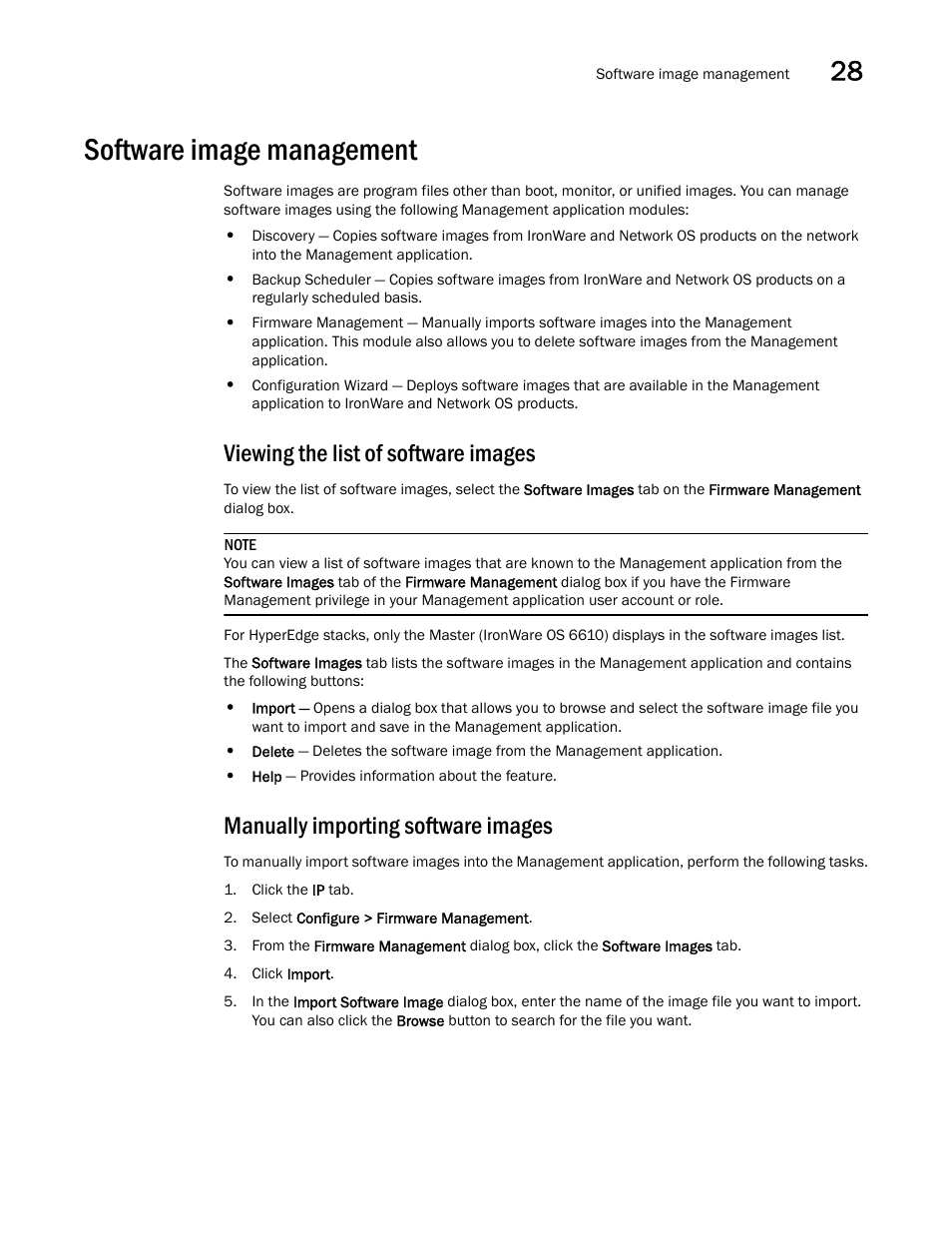 Software image management, Viewing the list of software images, Manually importing software images | Brocade Network Advisor IP User Manual v12.1.0 User Manual | Page 909 / 1770