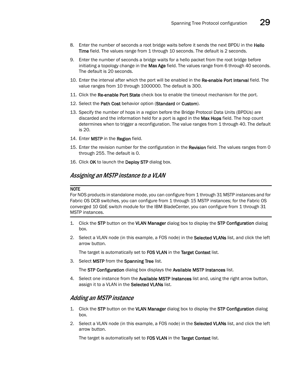 Assigning an mstp instance to a vlan, Adding an mstp instance | Brocade Network Advisor IP User Manual v12.1.0 User Manual | Page 935 / 1770
