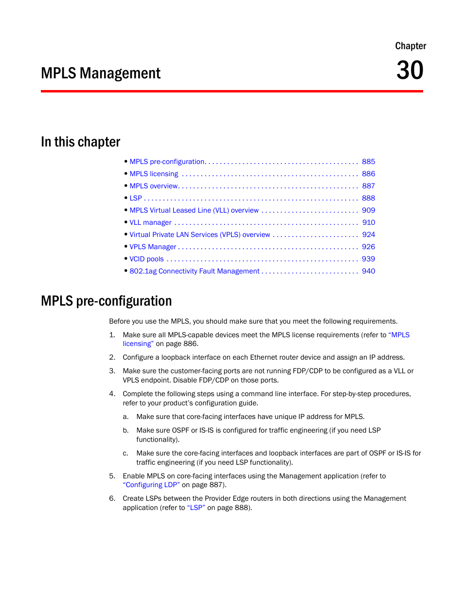 Mpls management, In this chapter, Mpls pre-configuration | Chapter 30, Chapter 30, “mpls management, Chapter | Brocade Network Advisor IP User Manual v12.1.0 User Manual | Page 939 / 1770