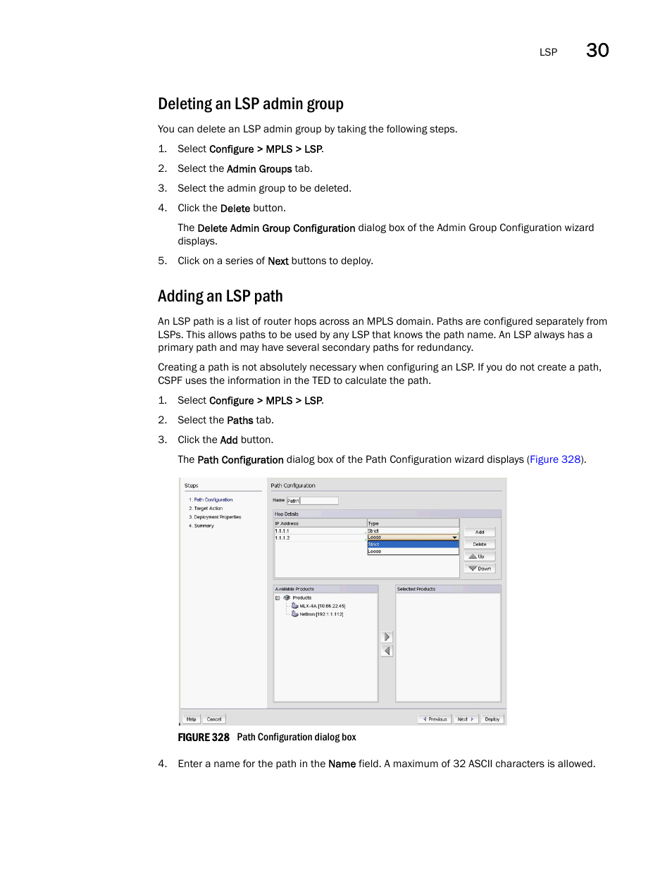 Deleting an lsp admin group, Adding an lsp path | Brocade Network Advisor IP User Manual v12.1.0 User Manual | Page 949 / 1770