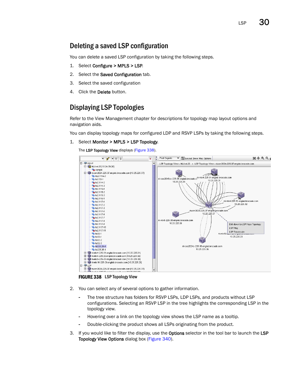 Deleting a saved lsp configuration, Displaying lsp topologies | Brocade Network Advisor IP User Manual v12.1.0 User Manual | Page 961 / 1770
