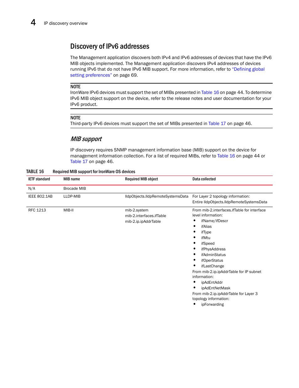Discovery of ipv6 addresses, Mib support | Brocade Network Advisor IP User Manual v12.1.0 User Manual | Page 98 / 1770