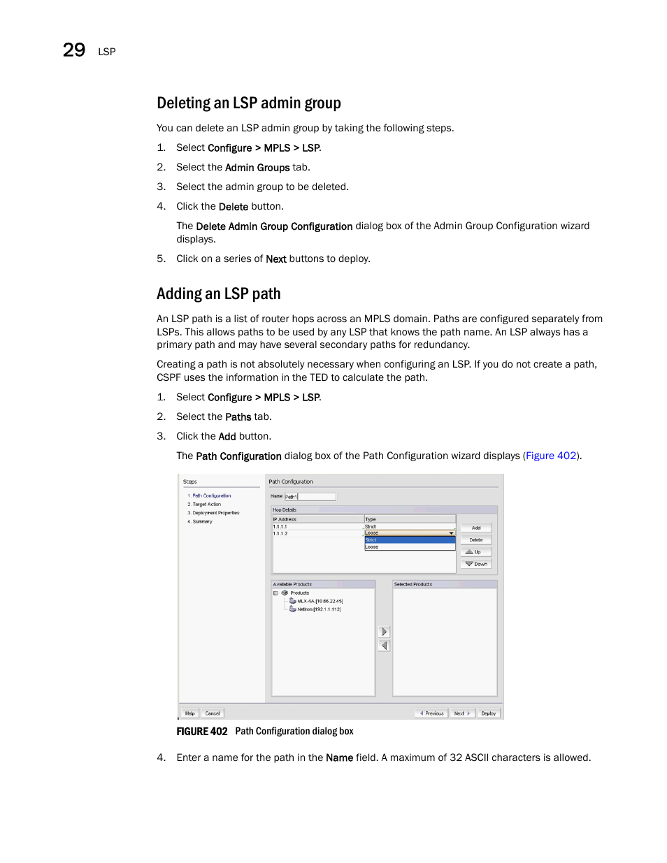 Deleting an lsp admin group, Adding an lsp path | Brocade Network Advisor IP User Manual v12.3.0 User Manual | Page 1036 / 1928