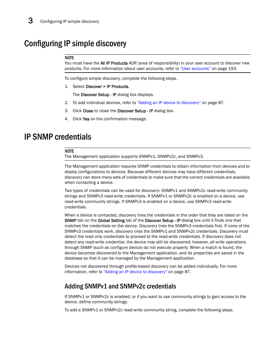 Configuring ip simple discovery, Ip snmp credentials, Adding snmpv1 and snmpv2c credentials | Brocade Network Advisor IP User Manual v12.3.0 User Manual | Page 104 / 1928