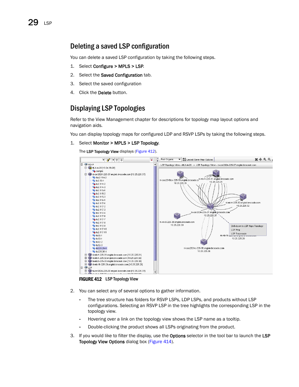 Deleting a saved lsp configuration, Displaying lsp topologies | Brocade Network Advisor IP User Manual v12.3.0 User Manual | Page 1048 / 1928