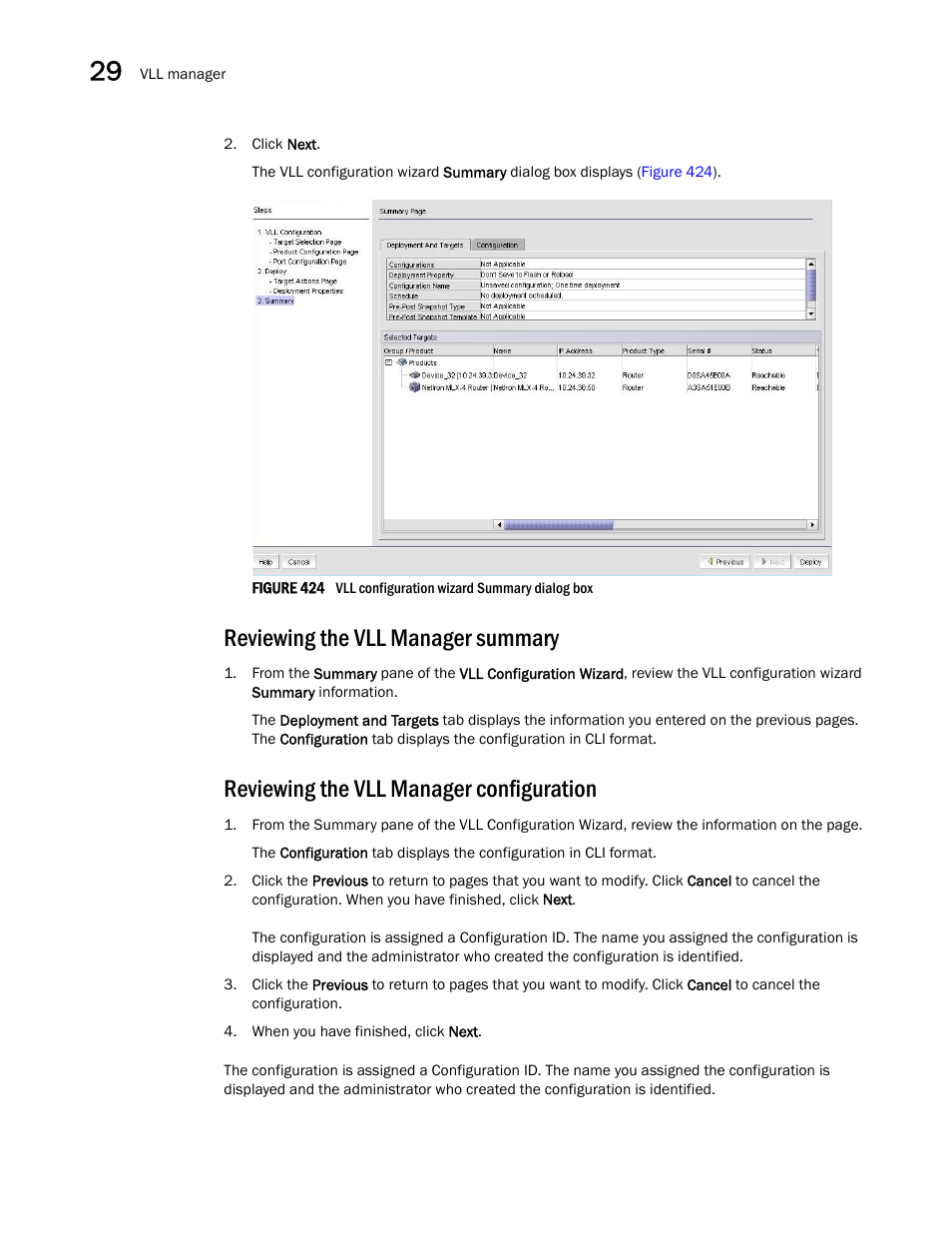 Reviewing the vll manager summary, Reviewing the vll manager configuration, Figure 424 | Step 1 | Brocade Network Advisor IP User Manual v12.3.0 User Manual | Page 1062 / 1928