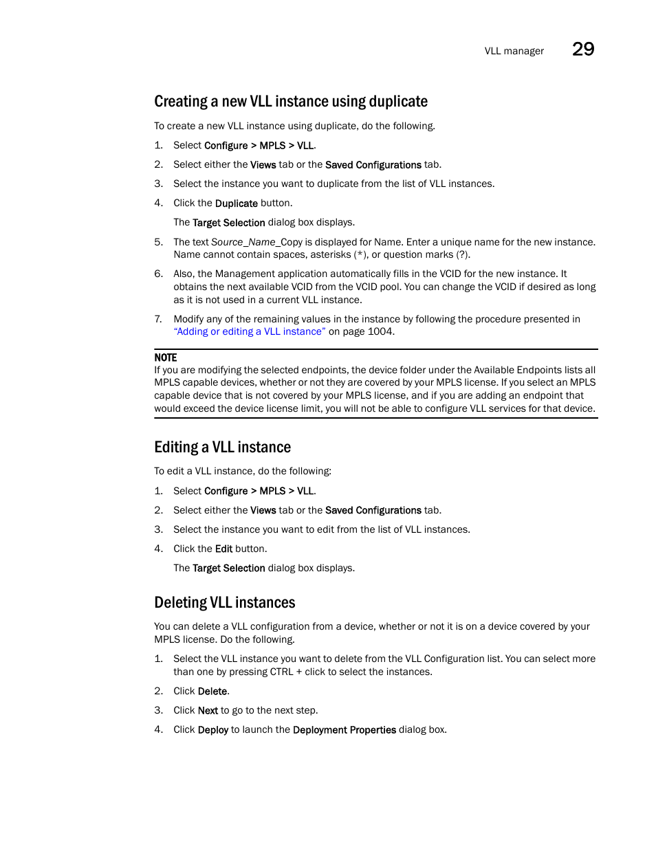 Creating a new vll instance using duplicate, Editing a vll instance, Deleting vll instances | Brocade Network Advisor IP User Manual v12.3.0 User Manual | Page 1063 / 1928