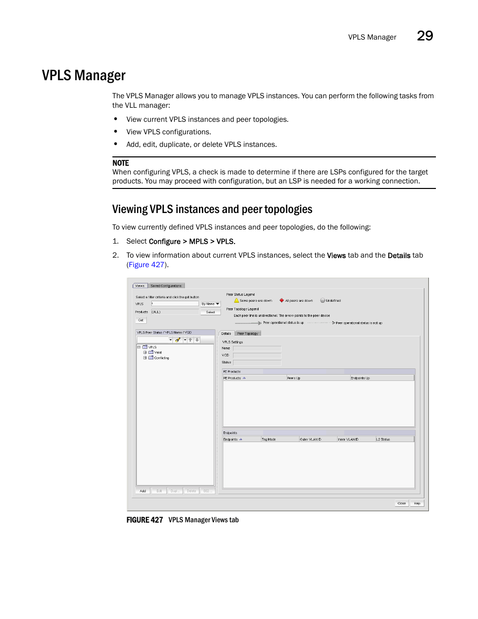 Vpls manager, Viewing vpls instances and peer topologies, Vpls manager 5 | Brocade Network Advisor IP User Manual v12.3.0 User Manual | Page 1067 / 1928