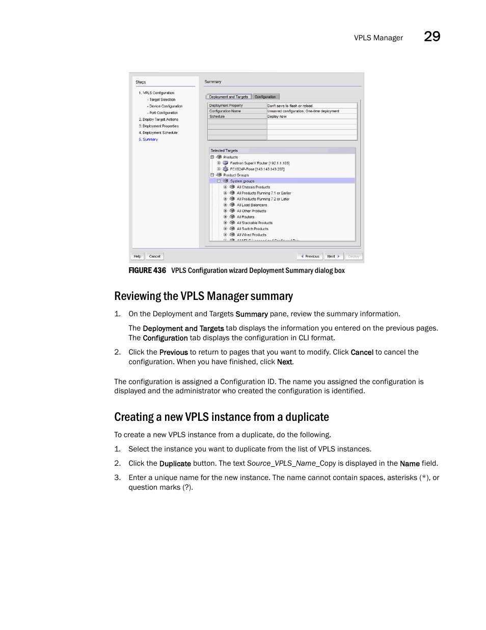 Reviewing the vpls manager summary, Creating a new vpls instance from a duplicate, Figure 436 | Step 1 | Brocade Network Advisor IP User Manual v12.3.0 User Manual | Page 1077 / 1928