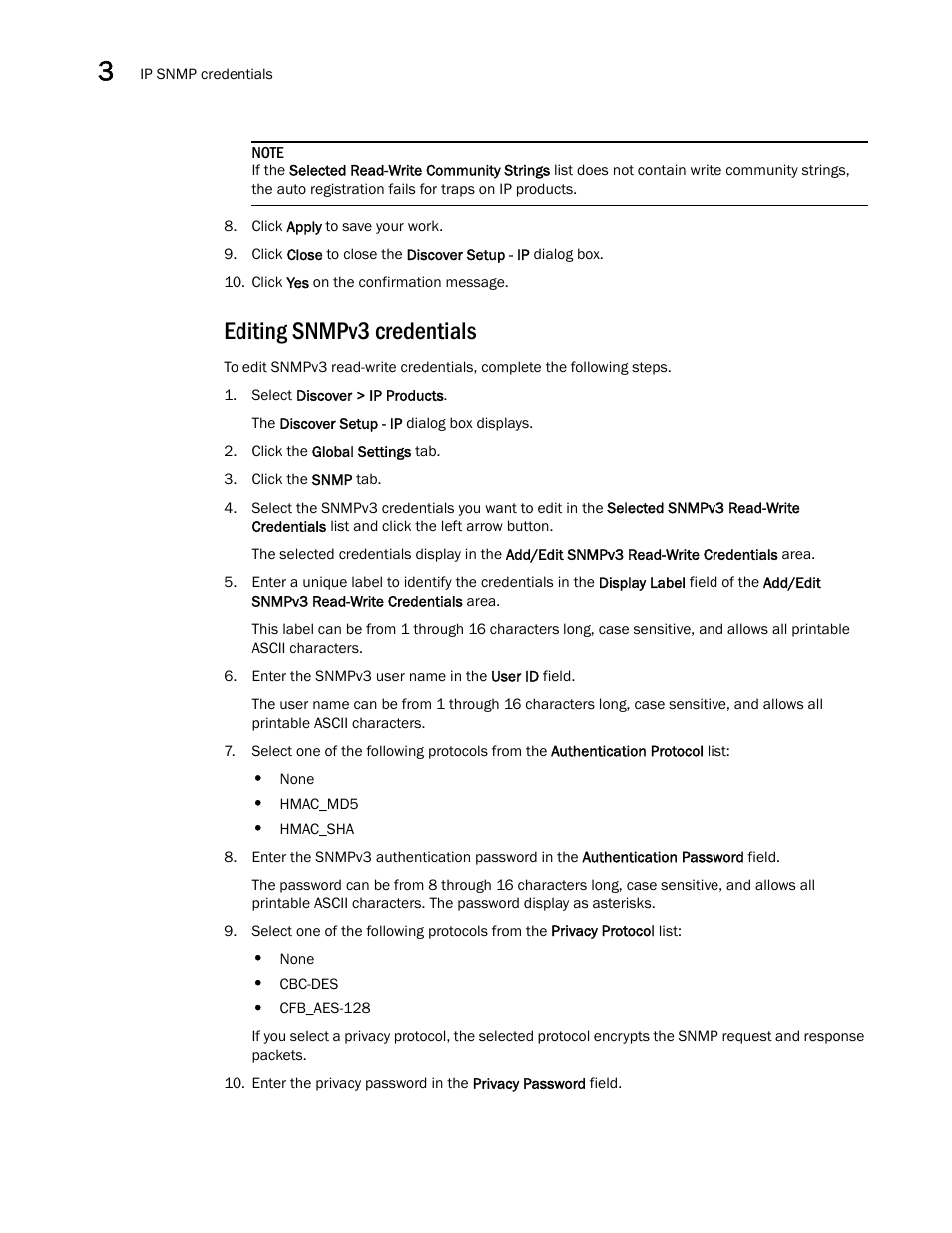 Editing snmpv3 credentials | Brocade Network Advisor IP User Manual v12.3.0 User Manual | Page 108 / 1928