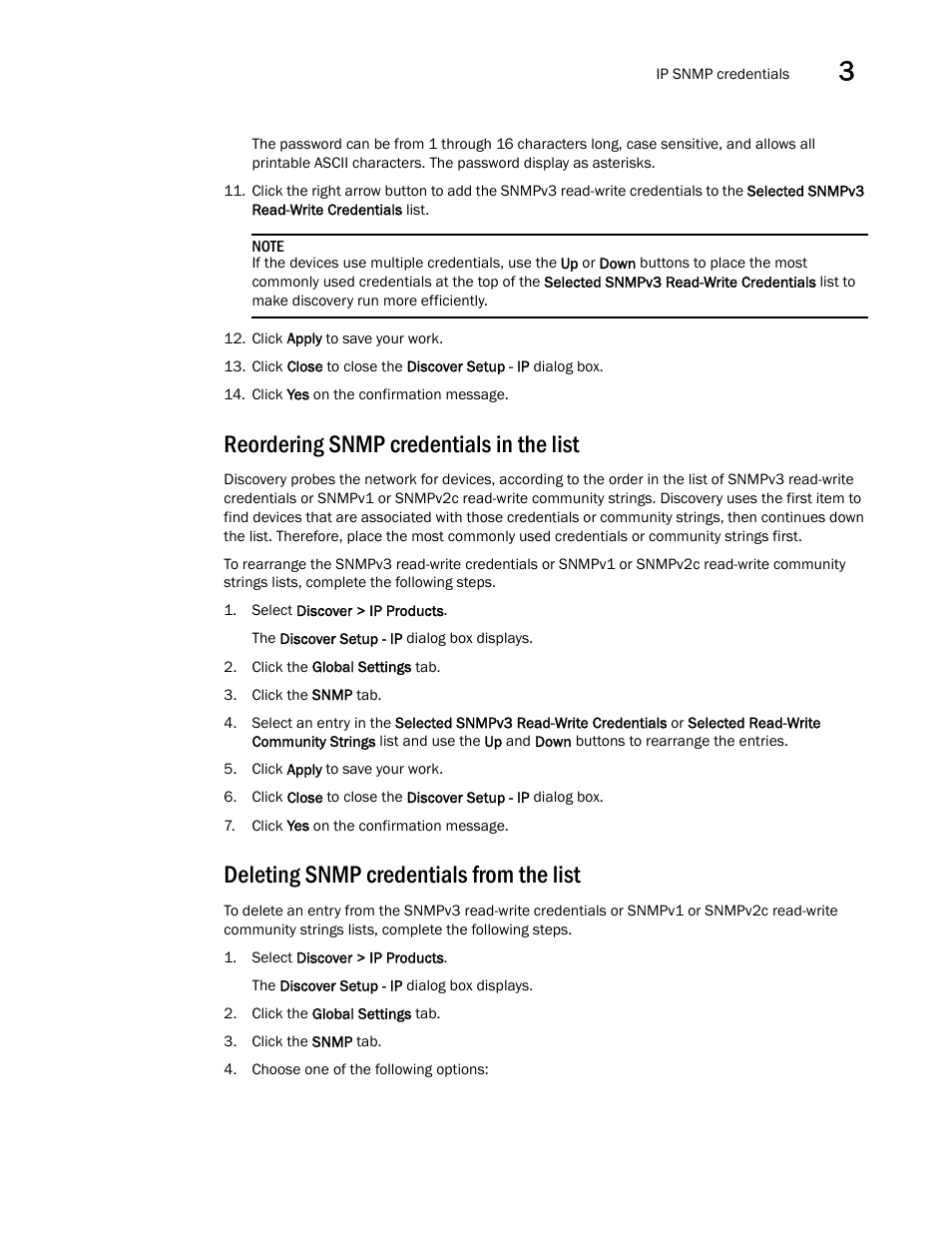 Reordering snmp credentials in the list, Deleting snmp credentials from the list | Brocade Network Advisor IP User Manual v12.3.0 User Manual | Page 109 / 1928