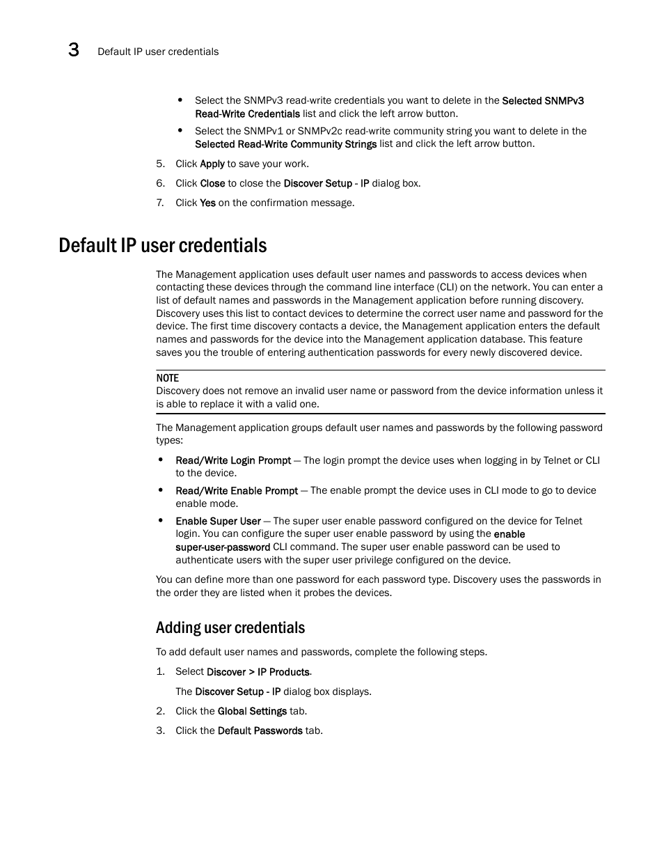 Default ip user credentials, Adding user credentials | Brocade Network Advisor IP User Manual v12.3.0 User Manual | Page 110 / 1928