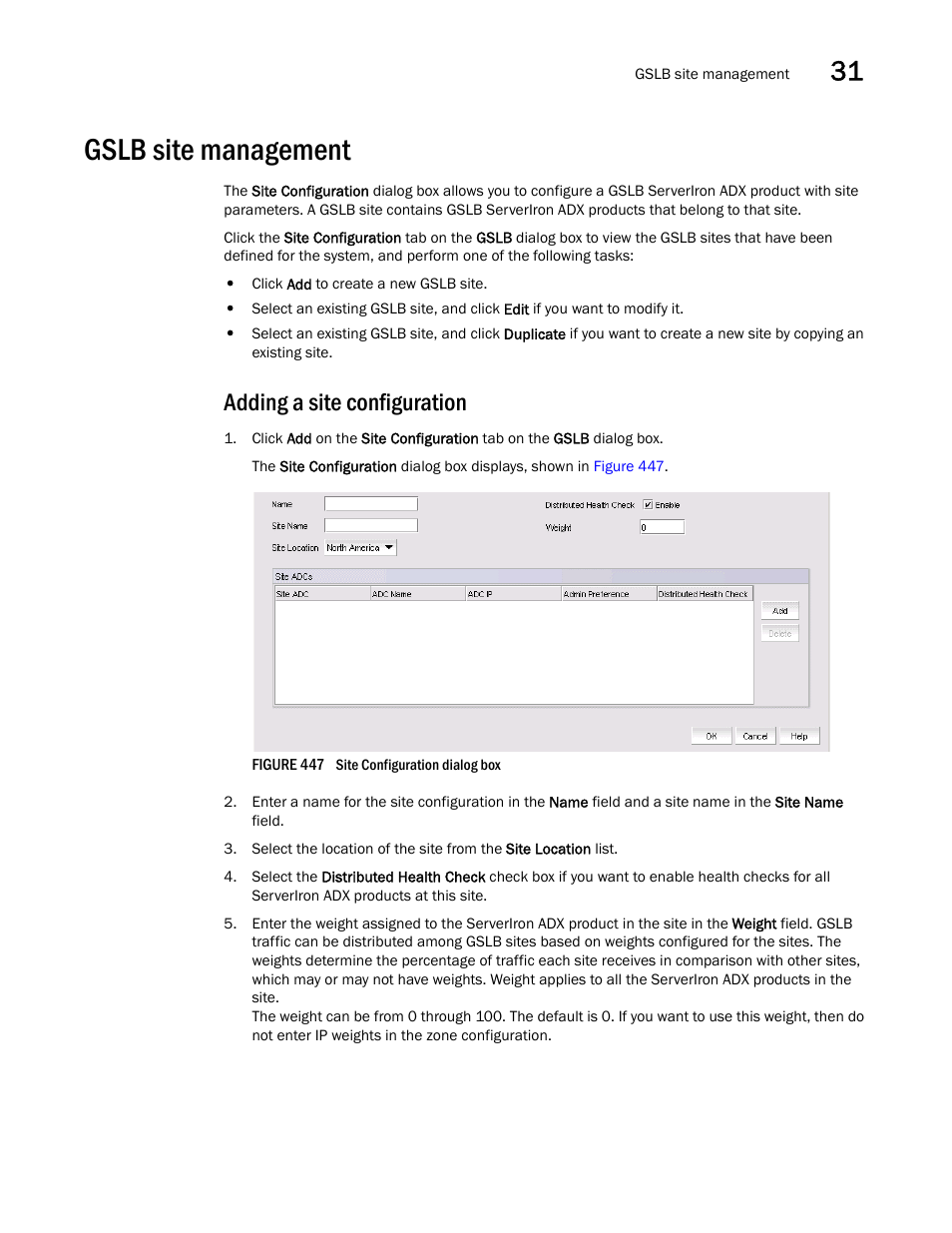 Gslb site management, Gslb site management 1, Adding a site configuration | Brocade Network Advisor IP User Manual v12.3.0 User Manual | Page 1113 / 1928