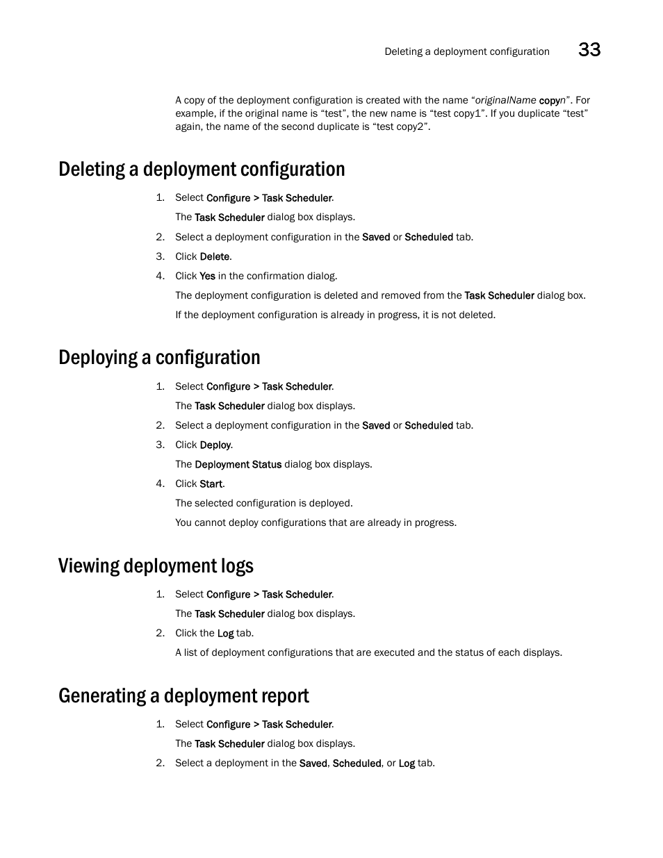 Deleting a deployment configuration, Deploying a configuration, Viewing deployment logs | Generating a deployment report, Deleting a deployment configuration 5, Deploying a configuration 5, Viewing deployment logs 5, Generating a deployment report 5 | Brocade Network Advisor IP User Manual v12.3.0 User Manual | Page 1147 / 1928