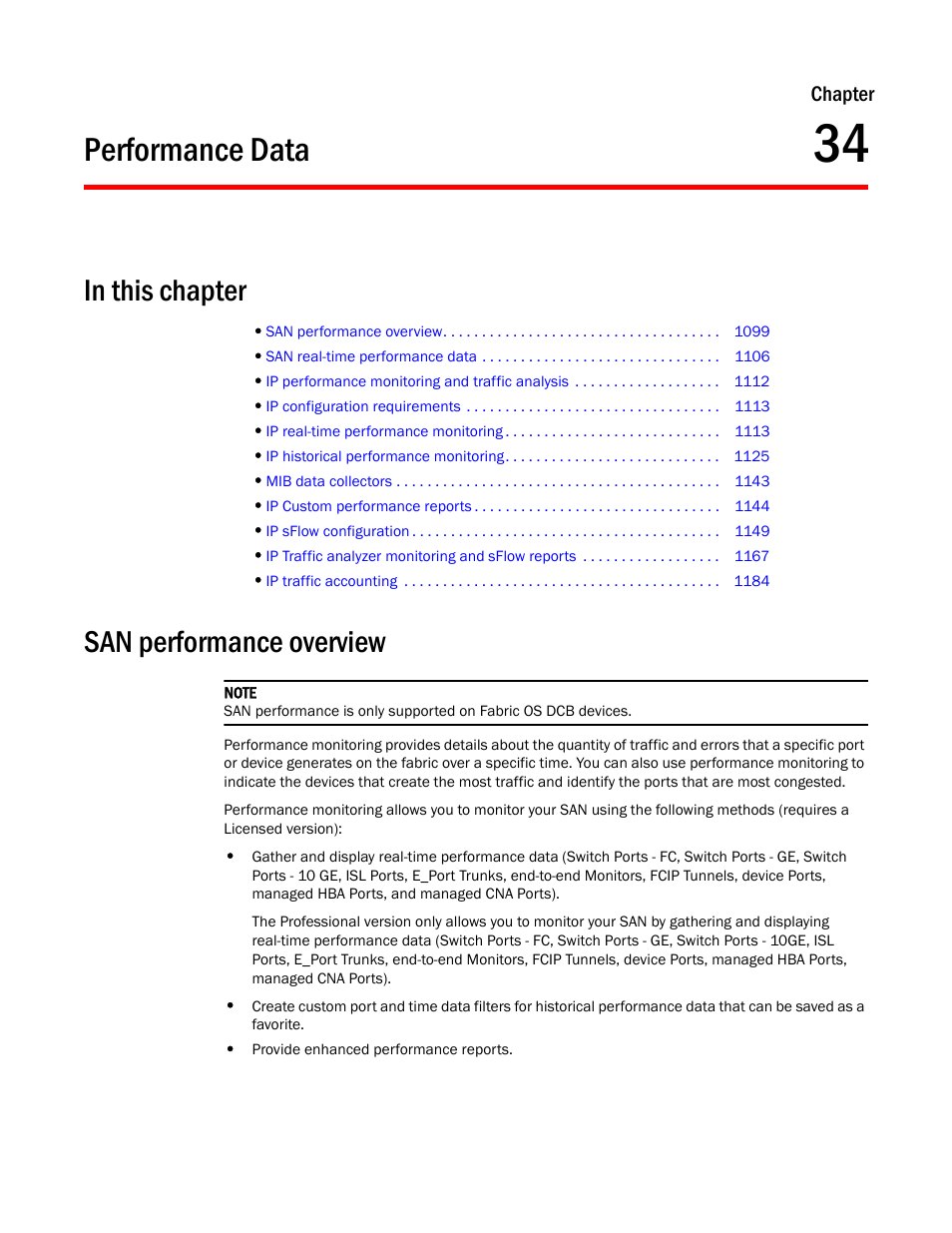 Performance data, San performance overview, Chapter 34 | Chapter 34, “performance data | Brocade Network Advisor IP User Manual v12.3.0 User Manual | Page 1151 / 1928