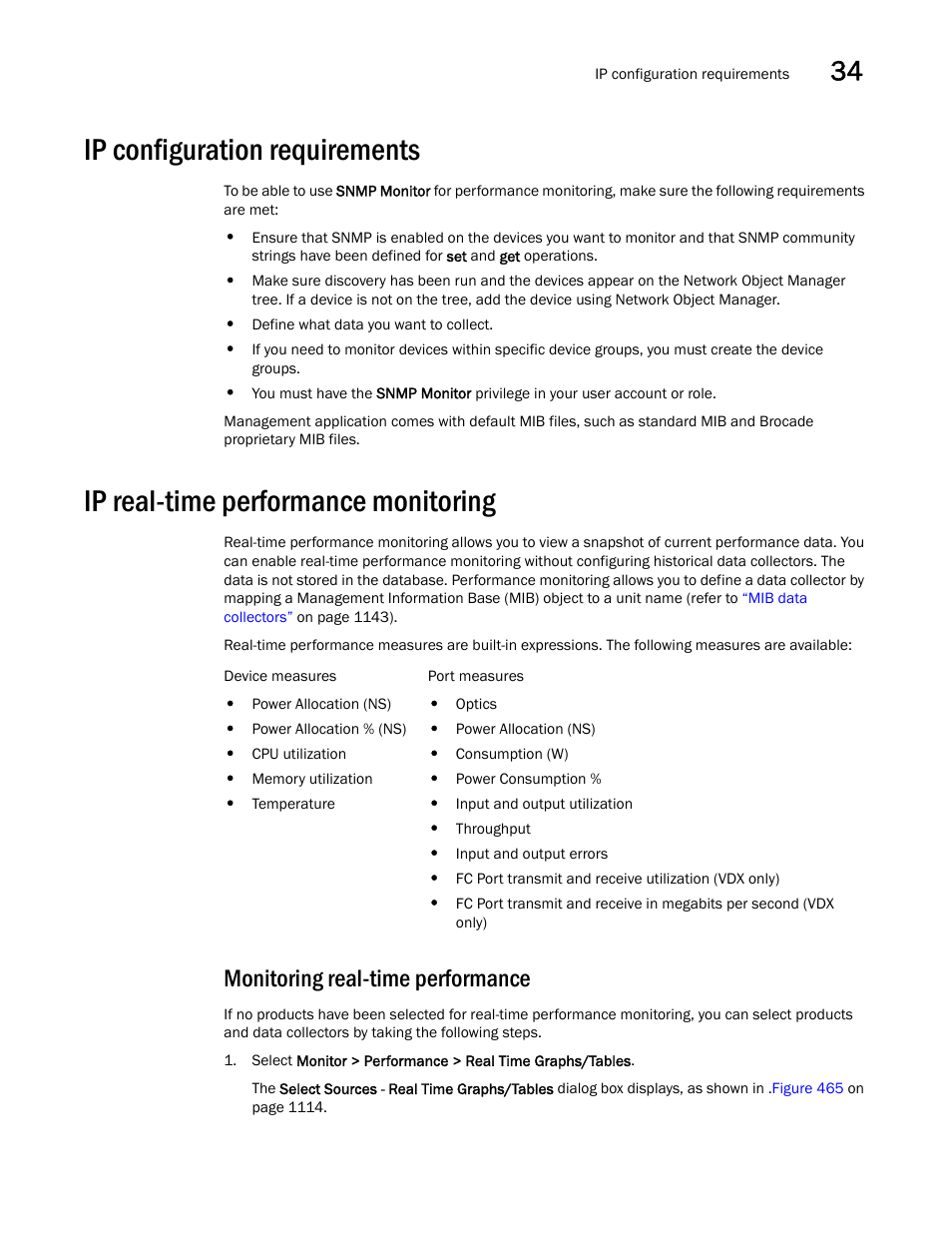 Ip configuration requirements, Ip real-time performance monitoring, Monitoring real-time performance | Ip real-time performance, Monitoring, Ip configuration requirements 3, Ip real-time performance monitoring 3 | Brocade Network Advisor IP User Manual v12.3.0 User Manual | Page 1165 / 1928