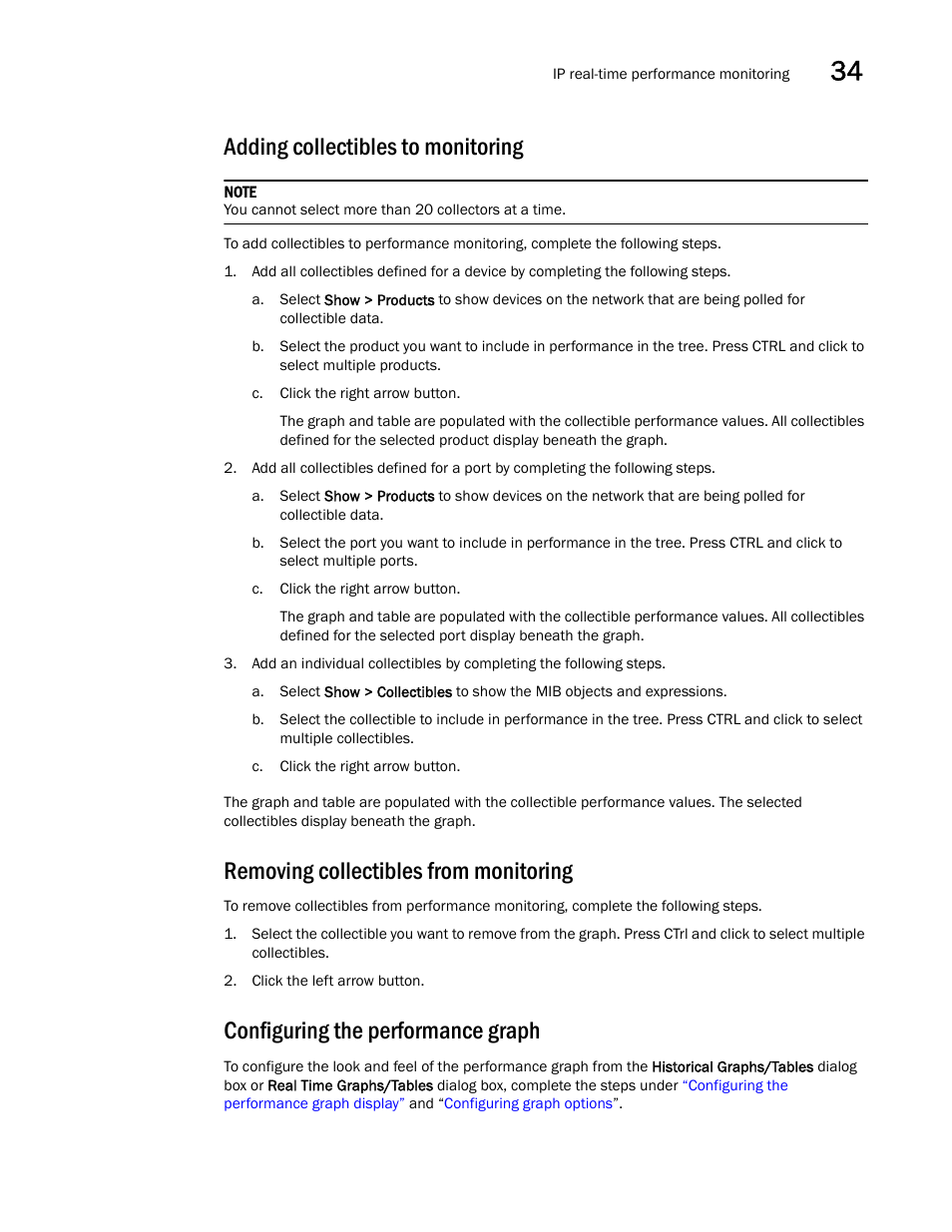 Adding collectibles to monitoring, Removing collectibles from monitoring, Configuring the performance graph | Brocade Network Advisor IP User Manual v12.3.0 User Manual | Page 1171 / 1928