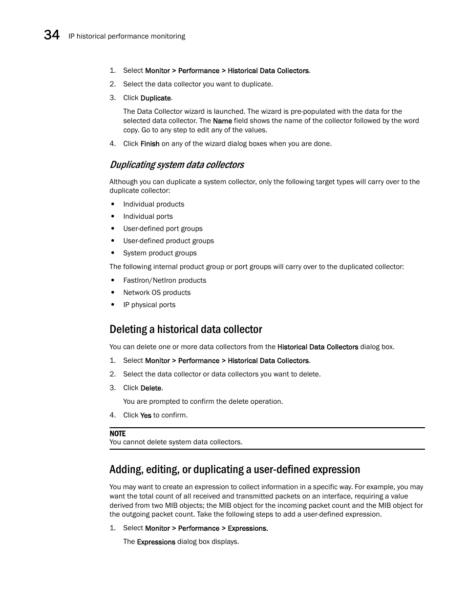 Deleting a historical data collector, Adding, editing, or duplicating a user-defined, Expression | Duplicating system data collectors | Brocade Network Advisor IP User Manual v12.3.0 User Manual | Page 1188 / 1928