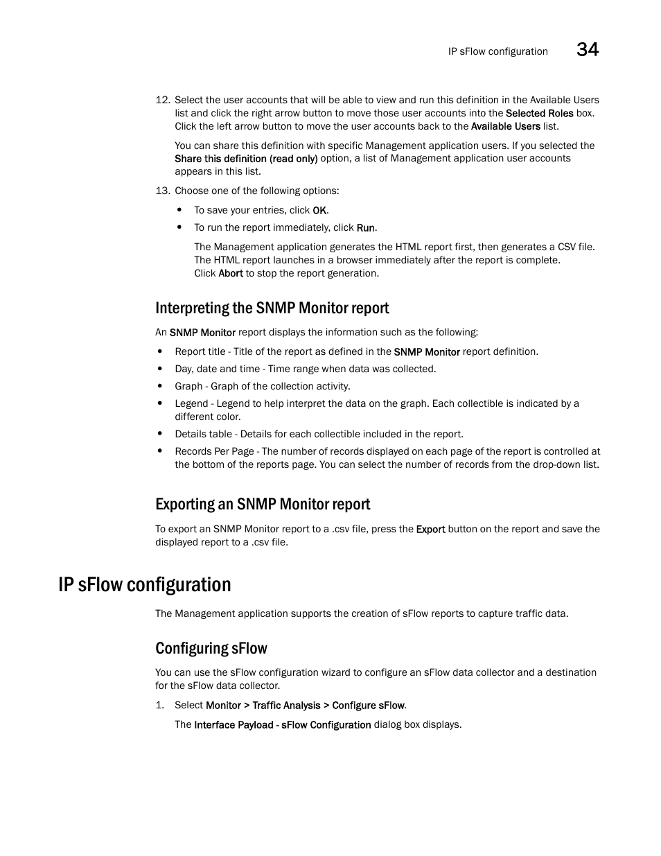 Interpreting the snmp monitor report, Exporting an snmp monitor report, Ip sflow configuration | Configuring sflow, Ip sflow configuration 9 | Brocade Network Advisor IP User Manual v12.3.0 User Manual | Page 1201 / 1928