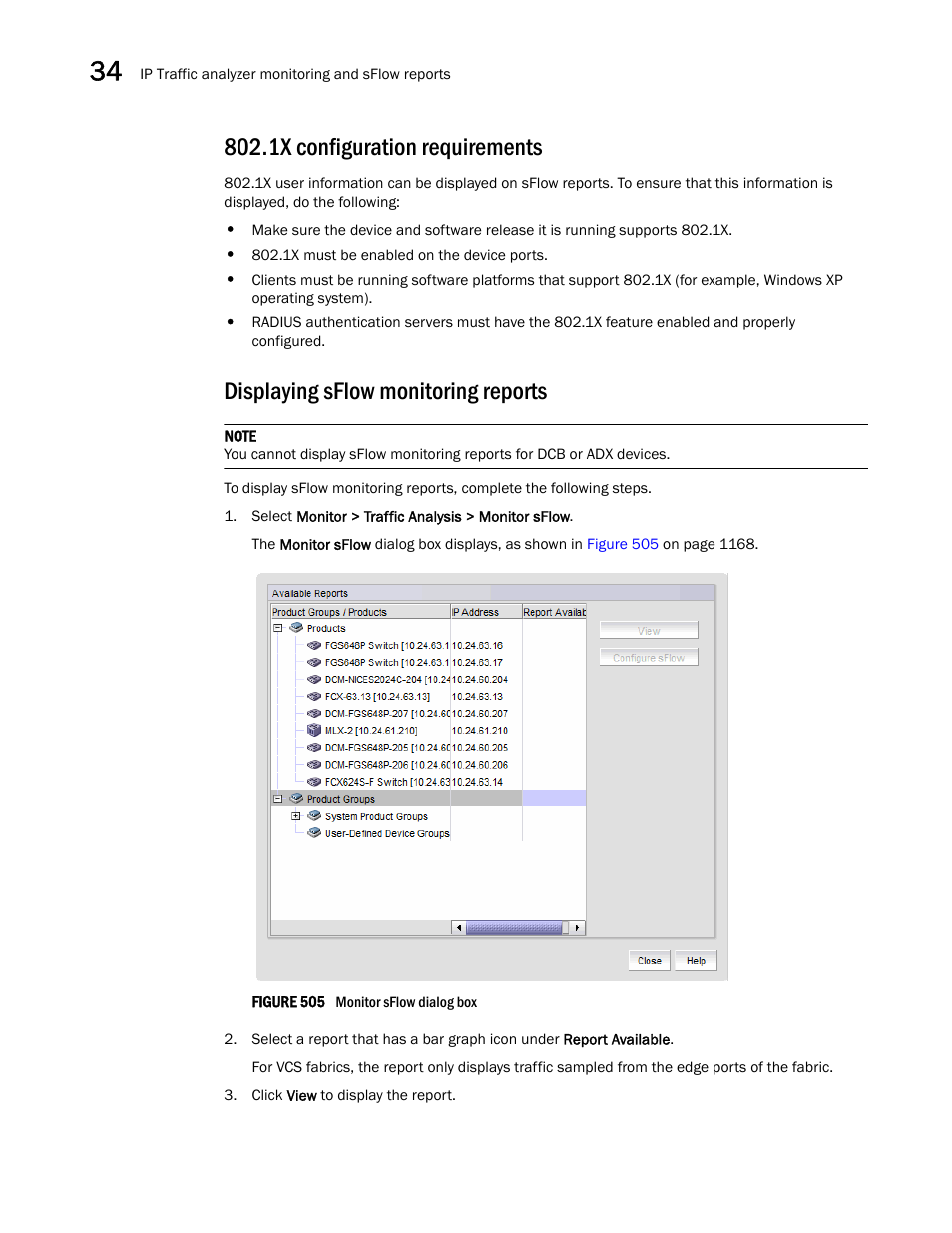 Displaying sflow monitoring reports, 1x configuration requirements | Brocade Network Advisor IP User Manual v12.3.0 User Manual | Page 1220 / 1928