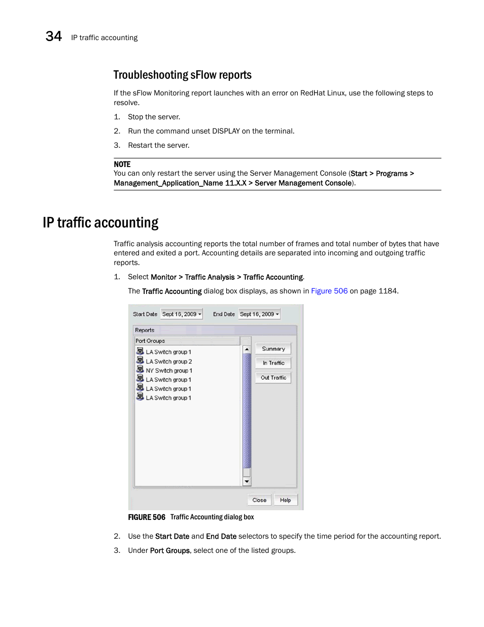 Troubleshooting sflow reports, Ip traffic accounting, Ip traffic accounting 4 | Brocade Network Advisor IP User Manual v12.3.0 User Manual | Page 1236 / 1928